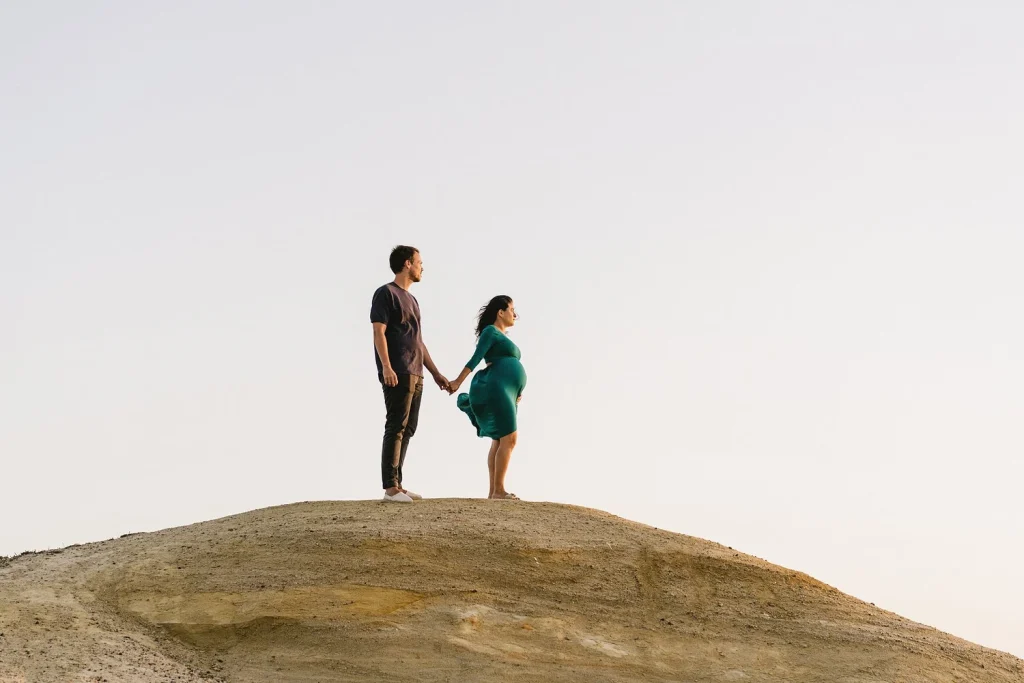 Silhouetted couple holding hands atop a rocky hill against a pastel sky.