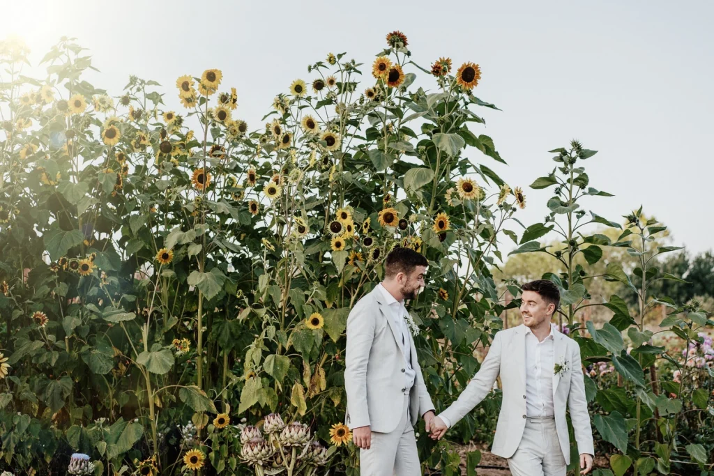 Two grooms in matching light suits hold hands in front of a stunning field of tall sunflowers.