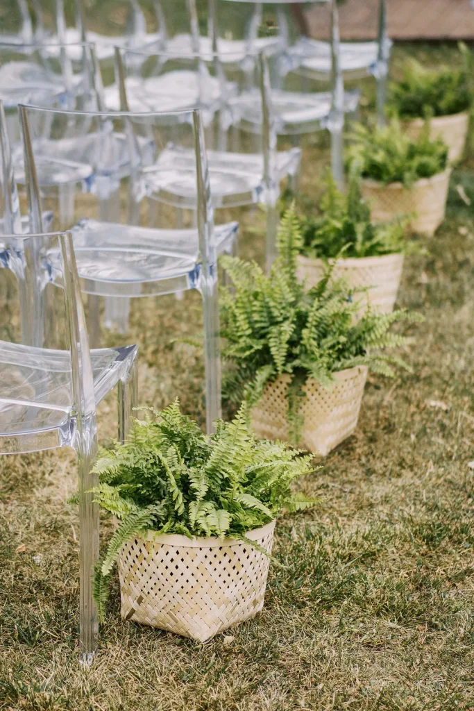 Transparent chairs arranged for an outdoor wedding ceremony, with lush green ferns in woven baskets lining the aisle.