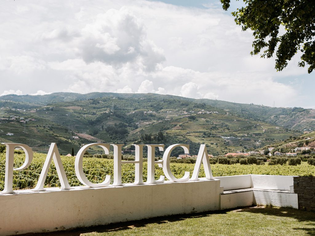 a sign of Quinta da pacheca with vineyards in the background overlooking the Douro River